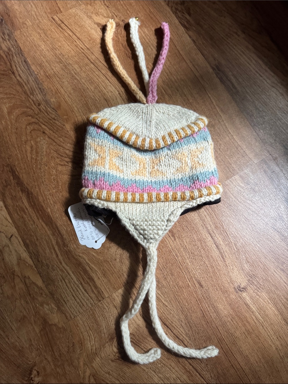Handkitted Wool Earflap Kids Hat with Pastel Pattern- one size - NWT